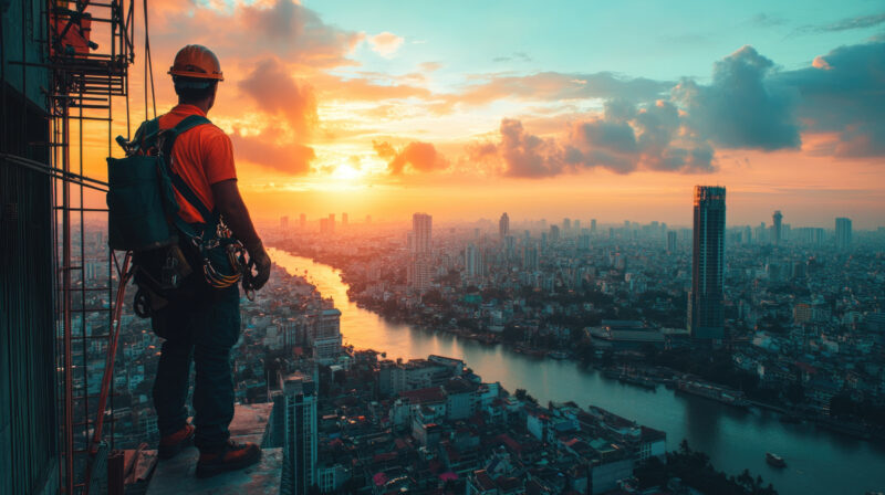 Construction Worker Admiring Sunset Over Ho Chi Minh City Vietnam