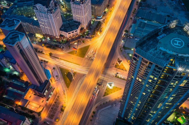 Aerial View Of Hanoi Cityscape At Twilight Period With Skyscraper And Intersection Pham Hung Duong Dinh Nghe, Tu Liem District, Hanoi, Vietnam. Modern Hanoi City.