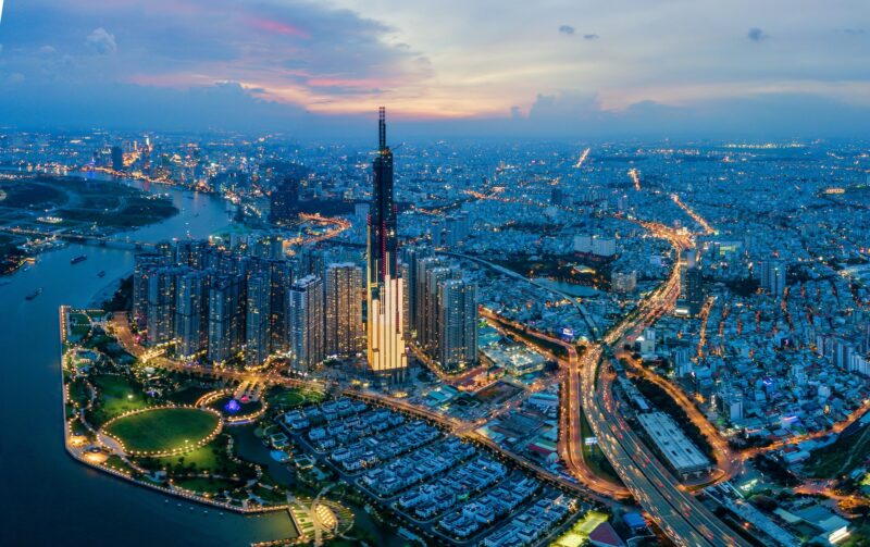 Aerial Cityscape Of Saigon At Beautiful Nightfall Sky In Evening