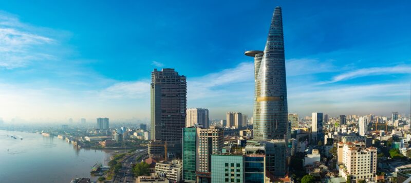 Ho Chi Minh (saigon) City, Vietnam Circa 2019: Saigon Aerial Cityscape, Showing Saigon River On The Left And Bitexco Financial Tower On The Right.