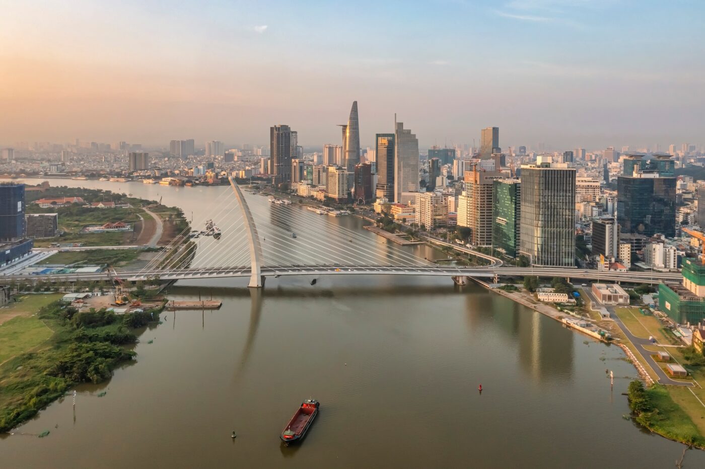 Top View Aerial Photo From Flying Drone Of A Ho Chi Minh City With Development Buildings, Transportation, Energy Power Infrastructure.