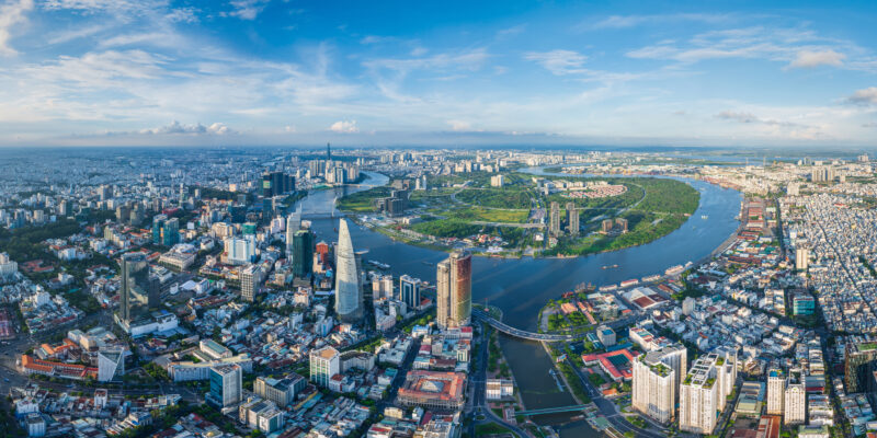 Aerial Panorama Skyline View Of Ho Chi Minh City, Saigon During Beautiful Day. Metropolis Background In Asia